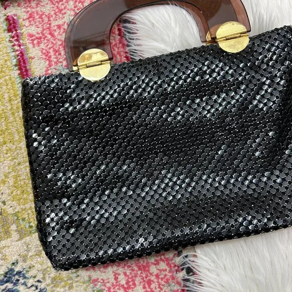 Vintage 60s Black Brown Mesh Top Handle Purse Hand Bag - Picture 3 of 6
